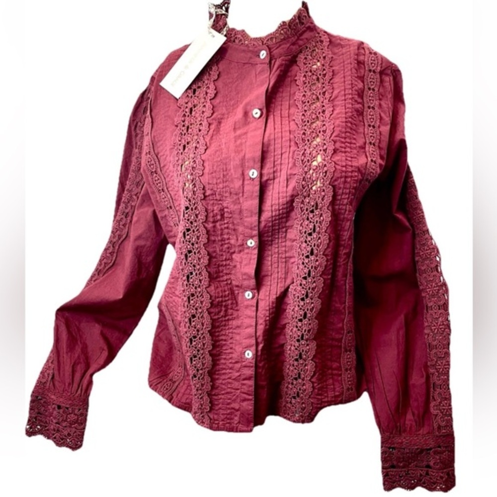 Jennifer & Grace Burgundy Prairie, Goth Lace Button Down Blouse Top NWT M
